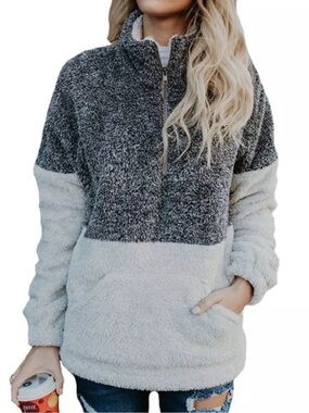 Doe & Rae Quarter Zip Sherpa Sweater in Gray and Light and Gray